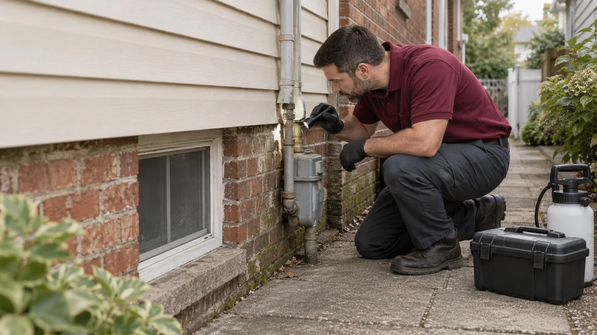 Illustrative pest-control technician inspecting a pipe opening at a house foundation